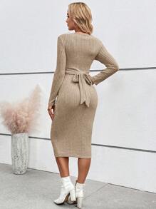 SHEIN Maternity Casual Solid Ribbed Crossed Front Long Sleeve Knit Dress, Suitable For Autumn/Winter - Khaki - View 3
