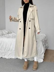 Muchica Women's Solid Color Front Button Long Sleeve Pocket Simple Casual Trench Coat - Apricot - View 5