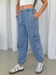 SHEIN Essnce Damen Lässig Verwaschen Verjüngend Geschnittene Cargo Jeans - Blau - Übersicht 4