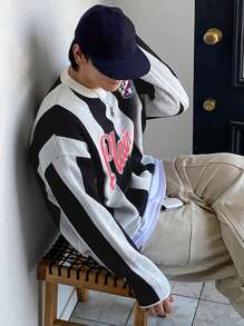 DAZY Men's Striped Letter Patch Sweater, Autumn