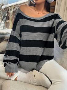 SHEIN EZwear 大码蝙蝠袖条纹套头毛衣，适合秋冬季 - 彩色 - 查看 6
