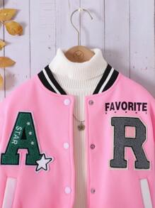 SHEIN Leap Crew Tween Girl Applique Knit Fleece Colorblock Bomber Jacket, Back To School Season, European/American School Style - Pink - View 8