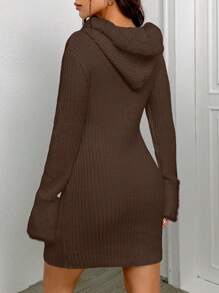 SHEIN EZwear Women Solid Color Front Zipper Fuzzy Patchwork Long Sleeve Casual Mini Sweater Dress - Coffee Brown - View 2