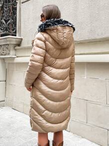SHEIN Cottnline Faux Fur Hooded, Zip Up Long Line Puffer Winter Coat - Beige - View 2