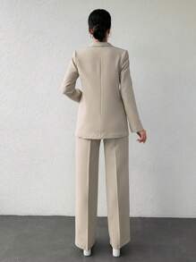 EURMUSE Ladies' Solid Color Stand Collar Blazer And Pants Suit - Beige - View 2