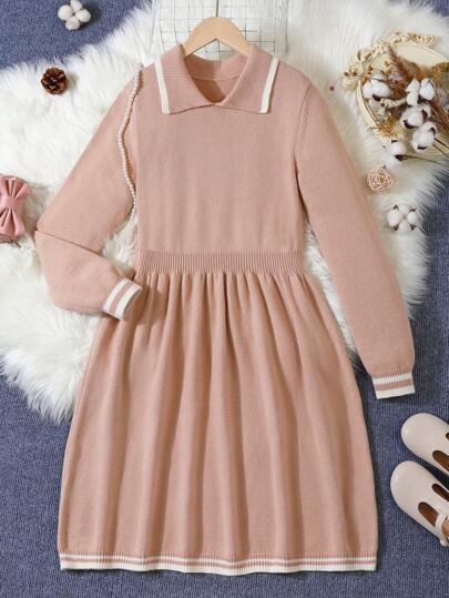 青少年翻领长袖连衣裙，休闲校园街头风格，适合春夏秋季，适合居家、外出、聚会、返校