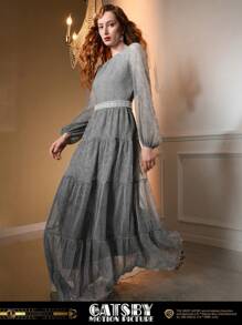 The Great Gatsby x MOTF GLITTER MESH OVERLAY LANTERN SLEEVE TIERED HEM FAUX PEARL WAIST EVENING DRESS