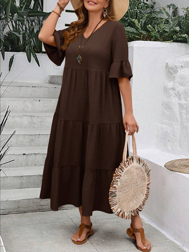 Plus Size Women's Deep V-Neck Ruffle Sleeve Multi-Tiered Hem Long Yellow Dress For Summer