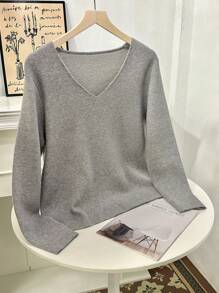 Calvaya Áo len dài tay cổ chữ V màu trơn cỡ lớn, kiểu dáng thường ngày, thích hợp mặc mùa thu đông. - Xám - Xem 6
