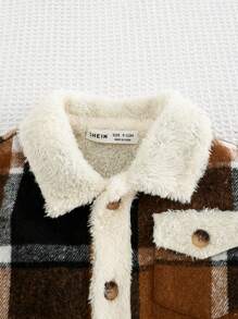 SHEIN 女婴格子印花夹克，休闲学院风，舒适实用，百搭设计，厚实保暖内衬，适合日常穿着、上学、外出、运动、秋冬季 - 卡其色 - 查看 4