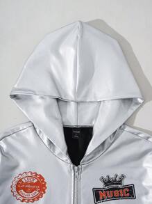 ROMWE MEN Street Life 男士秋季数字印花休闲街头风金属光泽拉链连帽夹克 - 銀色 - 查看 3