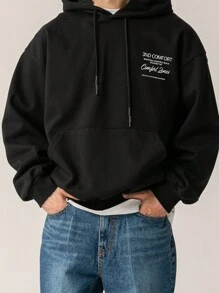 DAZY 男式黑色字母图案印花连帽运动衫，秋季 - 黑色 - 查看 3