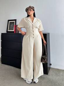 POPSWAY Plus Size Plain Front Button Down Collar Long Sleeve Simple Jumpsuit, Casual - Apricot - View 7