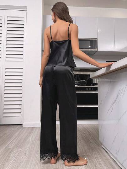 SilkySpell Eyelash Kanten Panel Satijnen Cami Top Pants PJ Set Pajama view 2