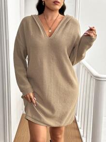 Flirla Váy len rộng rãi, đơn giản, có mũ trùm đầu cỡ lớn - Màu Khaki - Xem 4