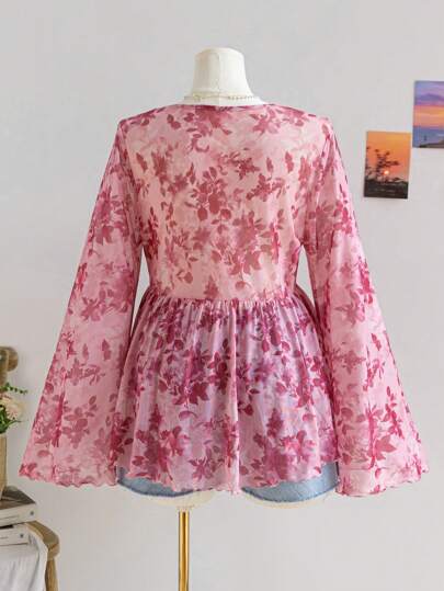 Soleia Plus Size Women Floral Print Knitted Mesh Cardigan With Cinched Waist And Bell Sleeve, Vacation Wear,Fall&Winter Women Clothes,Thanksgiving Women Clothes,Christmas Women Clothes,Holiday Shirts,New Year Eve  Clothes