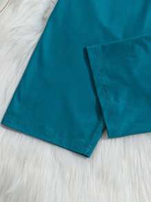 2pcs Tween Girl Lake Blue Solid Color Simple Fashion Pique Fabric Collar Long Sleeve Blouse & Casual Pants Loungewear Set - Blue - View 5