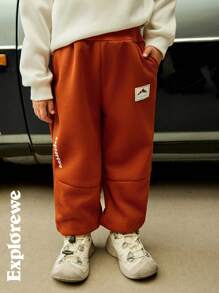 SHEIN Set de 2 pantalones de felpa informales con cintura elástica y decoración de dibujos animados para niño joven