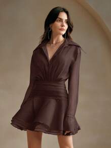 Anewsta Women's Unique Design Ruffle Edge Slouchy Shirt Dress, Tie-Waist Peplum Mini Skirt Organza Women Outfit - Brown - View 4