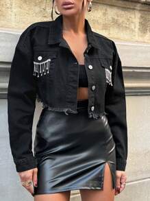 EURMUSE Autumn Fashionable Rhinestone & Tassel Decor Frayed Hem Cut-Off Denim Jacket