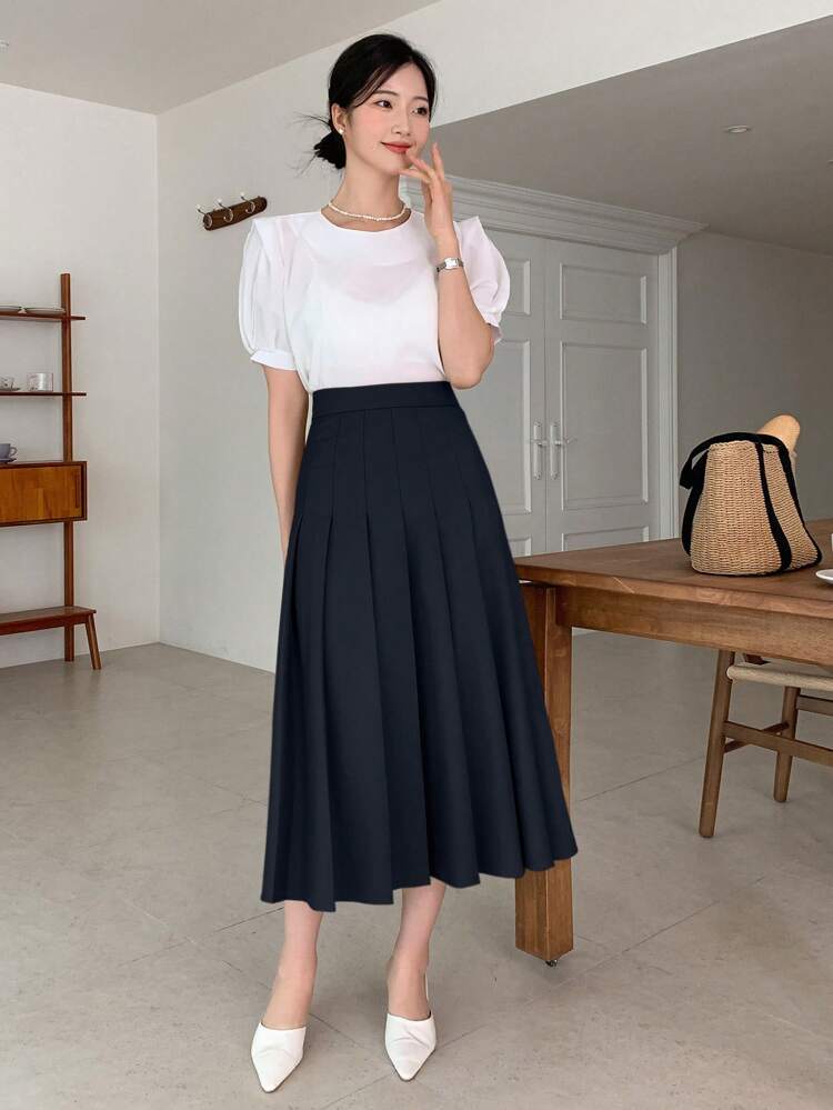 Simple Solid Pleated Skirt, Casual For Everyday Wear