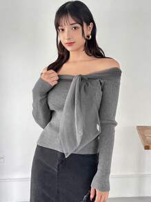 FRIFUL 女式露肩纯色网眼撞色毛衣，秋季 - 灰色 - 查看 6