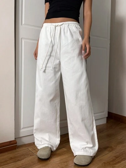 SHEIN EZwear 100% 纯棉休闲宽松大码长裤，不透明白色，春夏