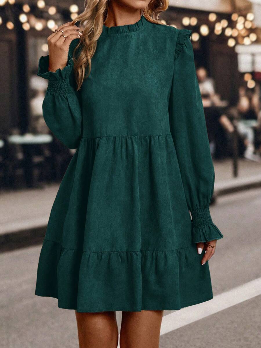 TrendSteals 女士纯色荷叶边长袖宽松可爱娃娃裙,秋季女装 - 墨綠色 - 查看 1