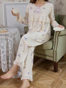 浪漫荷叶边蝴蝶结装饰紫色花卉印花雪纺女士睡衣套装 - 杏色 - 查看 6