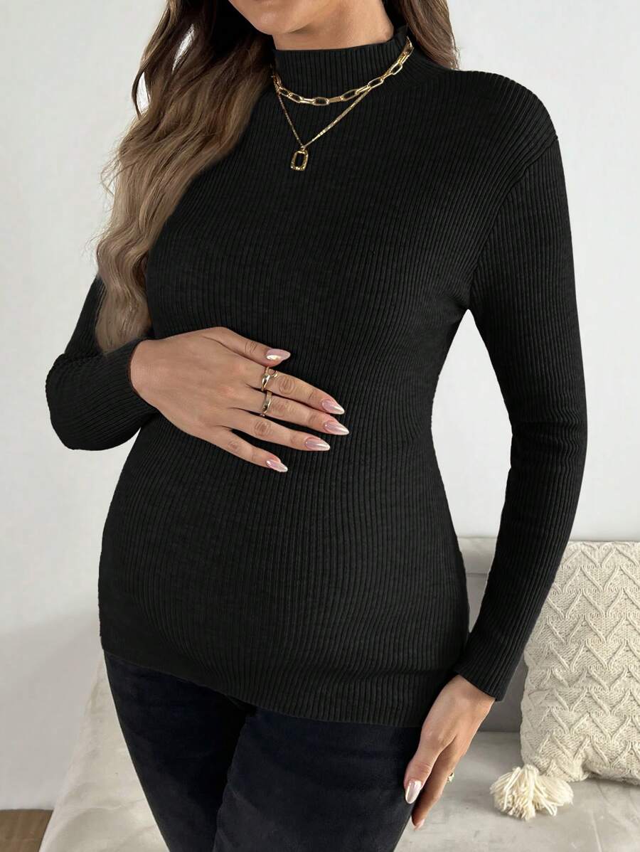 SHEIN Maternity Casual Everyday Commute Simple Solid Color Stand Collar Slim Fit Pullover Sweater, Autumn/Winter - Black - View 1