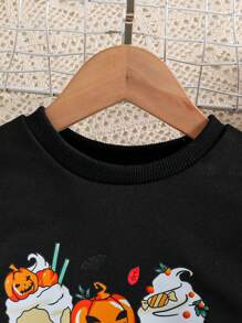 Set de 2 piezas: Blusa de manga larga con estampado de calabaza y pantalones a cuadros, conjunto de moda informal para niñas pequeñas - Negro - Ver 4
