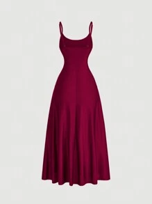 SHEIN MOD 1 pieza Vestido largo de tirantes de mujer con cintura fruncida y línea A de unicolor