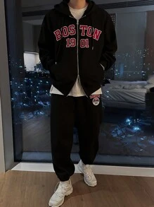 DAZY Letter Print Thermal Lined Sweatshirt Set For Men, Autumn