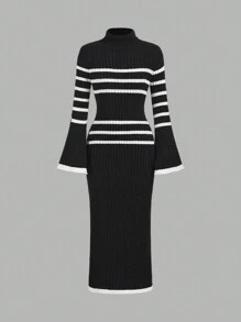 SHEIN Lady 秋冬秋装女毛衣裙长款女裙优雅女装冬季女装黑色高领毛衣裙黑白条纹毛衣裙喇叭长袖毛衣裙秋季女装搭配冬季女装秋季女装 - 黑與白 - 查看 2