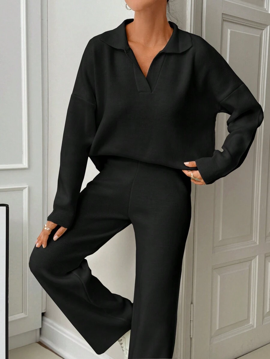 EURMUSE Woman Loose Fit Comfy Warm Thick Polo Neck Sweater And Pants Co-Ords Two Piece Set - Black - View 1