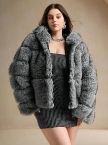 Anewsta Women Plus Size Elegant Modern Fluffy Hooded Short Jacket - Light Grey - View 3