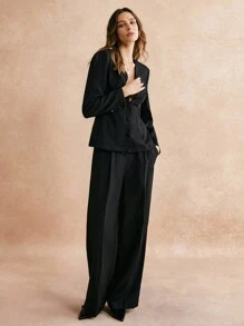 Poéselle 2pcs/Set Women Deep V-Neck Elegant And Sexy Suits, Suit Jackets And Suit Pants, Business Casual, Elegant Suits,Long Sleeve Top And Pocket Pants Co-Ord Set,Two Pieces,Black,Effortless Chic Essential Fall Sets Outfit Sets Blazer Black Long Sleeve Winter Women Clothes Business Casual Women Office Attire Women Set