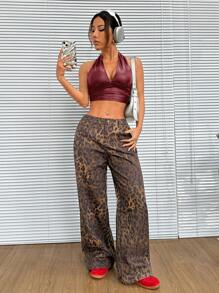 SHEIN EZwear 1 件女式性感纯色弹力皮革吊带短款背心 - 酒紅色 - 查看 5