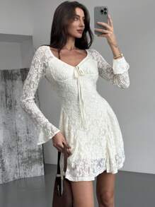 Aloruh Vestido de línea A de mujer con mangas abombadas y nudo delantero, de tela texturizada