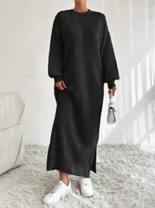EURMUSE Solid Split Side Drop Shoulder Long Sweater Dress For Autumn & Winter - Black - View 4
