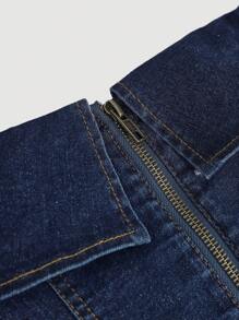 SHEIN 1pc Teen Girls Blue Denim Off Shoulder Split Hem Fitted Blouse