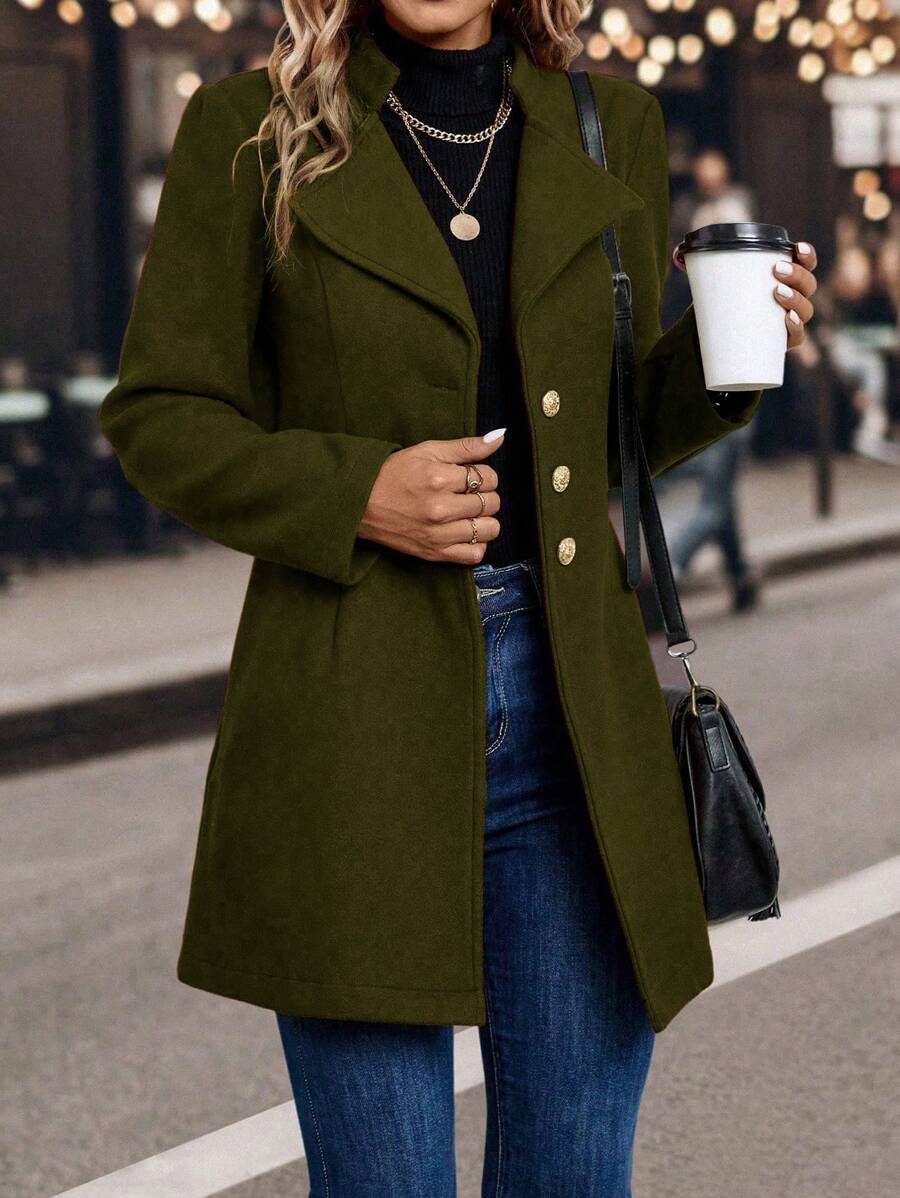 SHEIN Clasi 女士金属纽扣装饰长袖长款优雅大衣,秋冬 - 軍綠色 - 查看 1