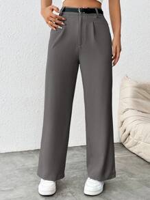 SHEIN PETITE 女式休闲直筒裤（配腰带） - 灰色 - 查看 7