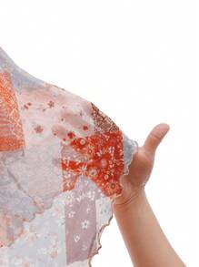 Soleia 大码女式复古花卉拼布针织网眼前开腰收腰喇叭袖衬衫上衣 - 彩色 - 查看 9