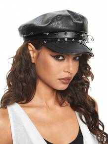 ROMWE Grunge Punk Black Rivet Punk Style Beret Hat For Women - Black - View 2