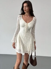 Aloruh Vestido de línea A de mujer con mangas abombadas y nudo delantero, de tela texturizada