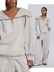 SHEIN EZwear Women's Fall/Winter Casual Quarter Zip Baggy Navy Leader Sweatshirt - Grey - View 1