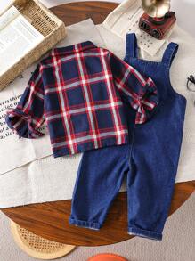 SHEIN Bộ 2 quần yếm denim và áo sơ mi kẻ caro màu sắc thường ngày cho bé trai mùa thu/đông, mặc trong nhà và ngoài trời - Rửa trung bình - Xem 2