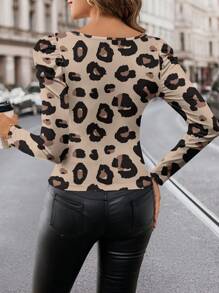 SHEIN Clasi Black Leopard Print Square Neck Gigot Sleeve Fitted T-Shirt, Casual & Simple, Suitable For Spring & Autumn And Winter - Khaki - View 2