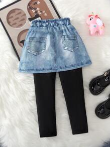 年轻女孩花朵印花假两件裙和紧身裤，可爱百搭轻便裤，适合春秋季节 - 彩色 - 查看 2